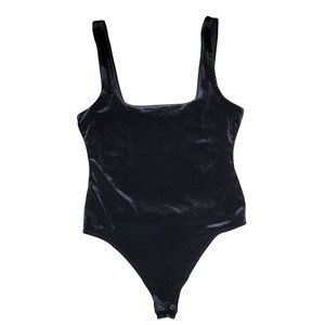 Good American Crushed Black Velvet Scoop Neck thong Tank Bodysuit size 2